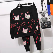 New Autumn Fashion Women Sets Winter Tops Cartoon Kitten Print O Neck Knitted Sweater + Casual Long Trousers Two Piece Set Women 2024 - buy cheap
