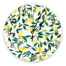 Reloj de pared redondo con estampado de limones, hojas verdes, flores, arte de pared silencioso, sin tic-tac, para decoración del hogar, el mejor regalo 2024 - compra barato