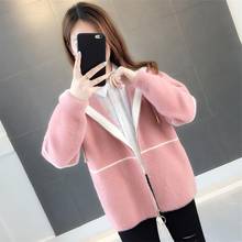 2020 Fall Winter Women Loose Hooded Faux Mink Cashmere Sweater Short Cardigan Coat Female Korean Zipper Outwear Jacket Tops Z127 2024 - buy cheap