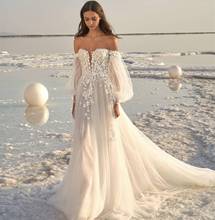 Off The Shoulder Beach Wedding Dress 2022 Long Puff Sleeves Appliques Floor Length Soft Tulle Lace Bridal Gowns Sweep Train 2024 - buy cheap