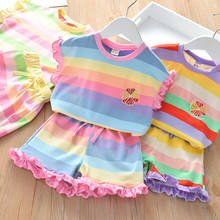 2PCS Summer Toddler Kids Girls  2021 New Rainbow Stripes Flying Sleeve T-shirt Tops+Short Pants Baby Girl Clothes Set 2024 - buy cheap