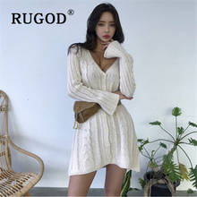 RUGOD, Элегантное однобортное платье-кардиган, женский темперамент, v-образный вырез, рукав-фонарик, платье-свитер, Повседневное платье 2019, зимнее платье 2024 - купить недорого