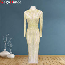 Rhinestone Dress Mesh Gold Transparent Long Bar Birthday Outfit Prom Party Women Dancer Show 2024 - buy cheap