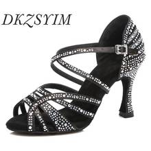Dkzsyim sapatos de dança latina das mulheres cetim preto sandálias latinas estilo strass brilhando salsa sapatos de dança altura do salto 6-10cm 2024 - compre barato