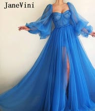 JaneVini Muslim Fairy Blue Puffy Long Sleeves Prom Dresses Sweetheart Sexy High Slit Tulle A Line Formal Party Gowns Sweep Train 2024 - buy cheap