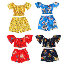18M -5Years Baby Floral Print Clothes Set Girls Short Sleeve Off-shoulder Tops with Buttons + Elastic Waist Short Pants 2024 - buy cheap