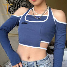 Camiseta azul de retalhos com alças, blusa feminina de ombro vazado sexy y2k, top ystreetwear, camiseta de cintura alta, manga longa, tops 2024 - compre barato