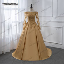 Vestido de noiva elegante, traje em cetim dourado, linha, 2020, feito sob encomenda, com contas, tule de manga comprida, boho, imagem real 2024 - compre barato