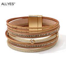 Pulseira de couro feminina allyes, bracelete com múltiplas camadas em strass, com cristais, estilo casual 2024 - compre barato