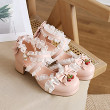 OLOMLB-Sandalias de punta redonda para mujer, zapatos Kawaii de Lolita con lazo y fresa, con tacón de bloque, talla grande, Mary Janes 2024 - compra barato