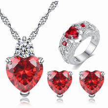 Luxury Female Red Crystal Jewelry Set Charm Silver Color Heart Stud Earring For Women Cute Zircon Wedding Ring Chain Necklace 2024 - buy cheap