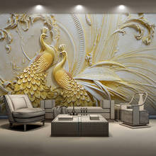 Custom Mural Wallpaper For Walls 3D Stereoscopic Embossed Golden Peacock Background Wall Painting Living Room Bedroom Home Decor 2024 - buy cheap