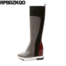 Grey Brand Women Winter Boots Genuine Leather Shoes Height Increased Sheepskin Wedge Knee High Handmade Tall Round Toe Long Heel 2024 - buy cheap