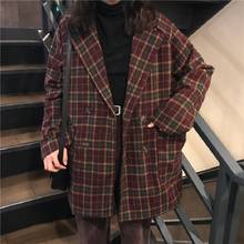 Abrigo de lana a cuadros ulzzang coreano para mujer, chaqueta informal holgada estilo Harajuku vintage, con cuello y botones, para otoño 2024 - compra barato