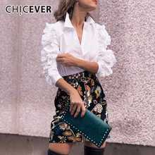 CHICEVER-blusa blanca con volantes para mujer, Camisa ajustada de manga de mariposa con solapa, ropa informal coreana, novedad 2024 - compra barato