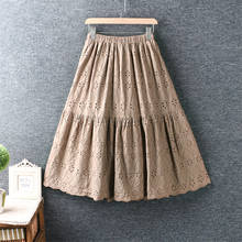 Falda holgada de lino y algodón para mujer, falda con cintura elástica, bordada y ahuecada, estilo japonés Mori, novedad de primavera, 2021 2024 - compra barato
