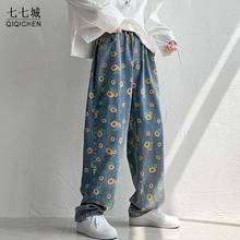 Sunflower Print Jeans Men Harajuku Loose Vintage Denim Pant Casual Streetwear Boyfriend Straight Washed Trousers Couple 2021 2024 - buy cheap