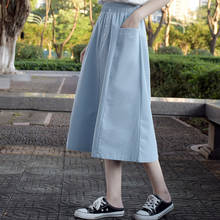Saia midi feminina 2020 estilo escolar, nova saia elástica cós alto em algodão com bolsos em botões 2024 - compre barato