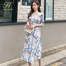 H Han Queen Vintage Lace-up Print Elegant Long Dress Women Simple V-neck Casual Work Dresses Korean Slim Ankle-length Vestidos 2024 - buy cheap