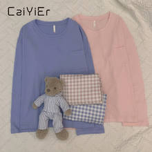 Женский пижамный комплект CAIYIER, комплект из 2 предметов с круглым воротником и длинными рукавами, милая одежда для сна в клетку, одежда для отдыха для девочек, осень 2021 2024 - купить недорого