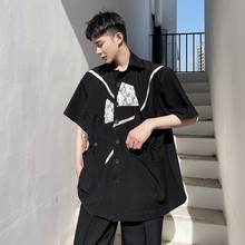 Рубашка мужская Асимметричная на шнуровке, Повседневная Уличная одежда в японском стиле Харадзюку, с коротким рукавом, свободного кроя 2024 - купить недорого