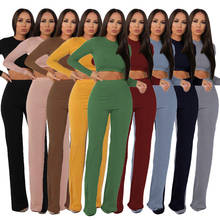 2020 women fashion new street girl style sets long sleeve round neck short top elastic long pants pure color two piece sets 2024 - buy cheap