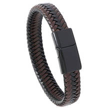 Pulseira masculina de couro trançado, fecho magnético de aço inoxidável preto e dourado, artesanal 2024 - compre barato