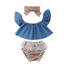 3Pcs Clothes Set  Kids Baby Girl Denim Sleeveless Tops Lace Shorts Headband Outfits Clothes Set 2024 - buy cheap