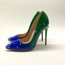 Keshangjia brand fashion new pointed blue green gradient exquisite rivet single shoes 12cm high heels ladies party shoes 2024 - buy cheap