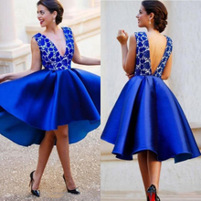 Vestido de fiesta de satén con cuello en V profundo, traje Sexy azul con apliques de encaje, Espalda descubierta, Parte delantera corta y larga, 2021 2024 - compra barato