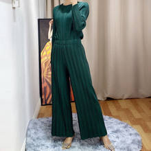 HOT SELLING  Fashion fold long sleeve o-neck  T-shirt + Wide leg pants loose solid two-piece outfit IN STOCK 2024 - buy cheap