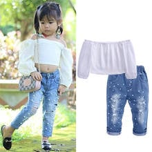 0-5Y Baby Girls Clothes Set 2021 Spring Summer Kids Off Shoulder Long Sleeve Tops +Ripped Denim Pants Casual Children Outfits 2024 - buy cheap