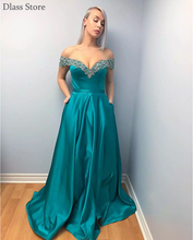 New Green Satin Evening Dress Sweep Train Off Shoulder Applique Beads V-neck Pockets Elegant Prom Dress женское платье vestidos 2024 - buy cheap