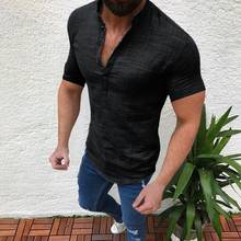 Men's T-shirt Cotton Linen Casual Loose Shirts Summer Tops Short Sleeve Tee Ovesized Solid Button T Shirt for Men 2024 - купить недорого
