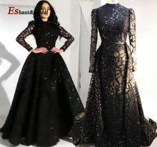 2020 Dubai Black/Burgundy Sequins Mermaid Evening Dress Long Sleeves High Neck Detachable Cape Prom Party Gowns 2024 - buy cheap