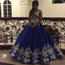 Arabic Dubai Royal Blue Quinceanera Dresses Off Shoulder Lace Applique Flowers Floor Length Fomral Dress Party Gown robes de 2024 - buy cheap
