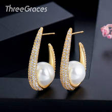 ThreeGraces-pendientes de aro de perlas redondas para mujer, joyería de lujo, Circonia cúbica de oro amarillo, elegante, para boda ER322 2024 - compra barato