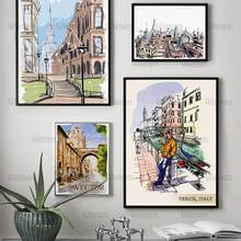 Póster de lienzo de construcción de ciudad, pintura artística de pared de acuarela Vintage, carteles nórdicos e impresiones, imágenes de pared para decoración de sala de estar 2024 - compra barato