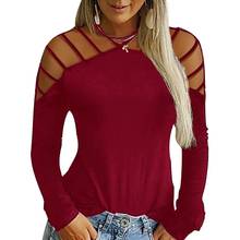 Camiseta holgada de manga larga para mujer, camisa Sexy ahuecada de Color sólido con hombros descubiertos, Polo negro con hombros descubiertos 2024 - compra barato