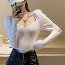 Blusa de Oficina Coreana para mujer, camisa blanca con cuello cuadrado, Tops sexys Vintage de manga abombada, camisas negras, primavera 2021 12605 2024 - compra barato