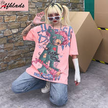 Camiseta informal de talla grande para mujer, ropa de calle de manga corta con cuello redondo y dibujos animados, rosa, Hip-Hop coreano, novedad de verano 2024 - compra barato