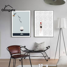 Pintura en lienzo de cristal de vino nórdico abstracto, póster divertido, arte de pared de natación, imágenes de dibujos animados para sala de estar, baño, decoración moderna para el hogar 2024 - compra barato