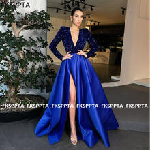 Royal Blue 2021 Prom Dresses Long Sleeves High Slit V Neck Women Formal Occasion Prom Gowns Custom Made Robe De Soiree 2024 - buy cheap