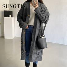 Sungtin, длинный вязаный свитер с V-образным вырезом, кардиган, Женский Свободный Повседневный свитер с узором ромбиками, 5 цветов, винтажная толстая верхняя одежда в Корейском стиле 2024 - купить недорого