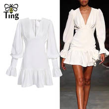 Женское Короткое платье-мини Tinfly, дизайнерское платье с оборками и рукавами-фонариками, глубоким v-образным вырезом, высокое качество 2024 - купить недорого