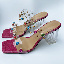 New Sexy PVC Transparent Strap Sandals Colorful Studded Clear Chunky Heels Sandals Women Summer Outside Slippers 2024 - buy cheap