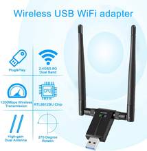 Mini sem fio usb wifi adaptador 1200 mbps wi fi placa de rede com antenas duplas 2.4g/5.8g wifi dongle ac wi-fi receptor 2024 - compre barato