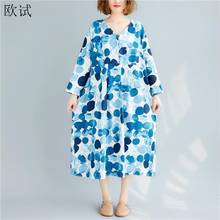 Plus Size Blue Polka Dot Dress Women 2020 Spring Casual Loose Ladies Dresses Cotton Linen Long Sleeve Dress Vestido 4XL 5XL 2024 - buy cheap