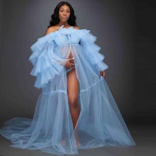 Azul pálido vestido de noite para photoshoot longo maternidade abiye tule vestidos de noite em camadas plissado manga mulher robe vestidos ver através 2024 - compre barato