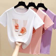 Ggdireto 2021 camiseta de verão com manga curta, sapatos com miçangas estampa rosa, camiseta feminina top branco camiseta de algodão estilo coreano, roupas 2024 - compre barato